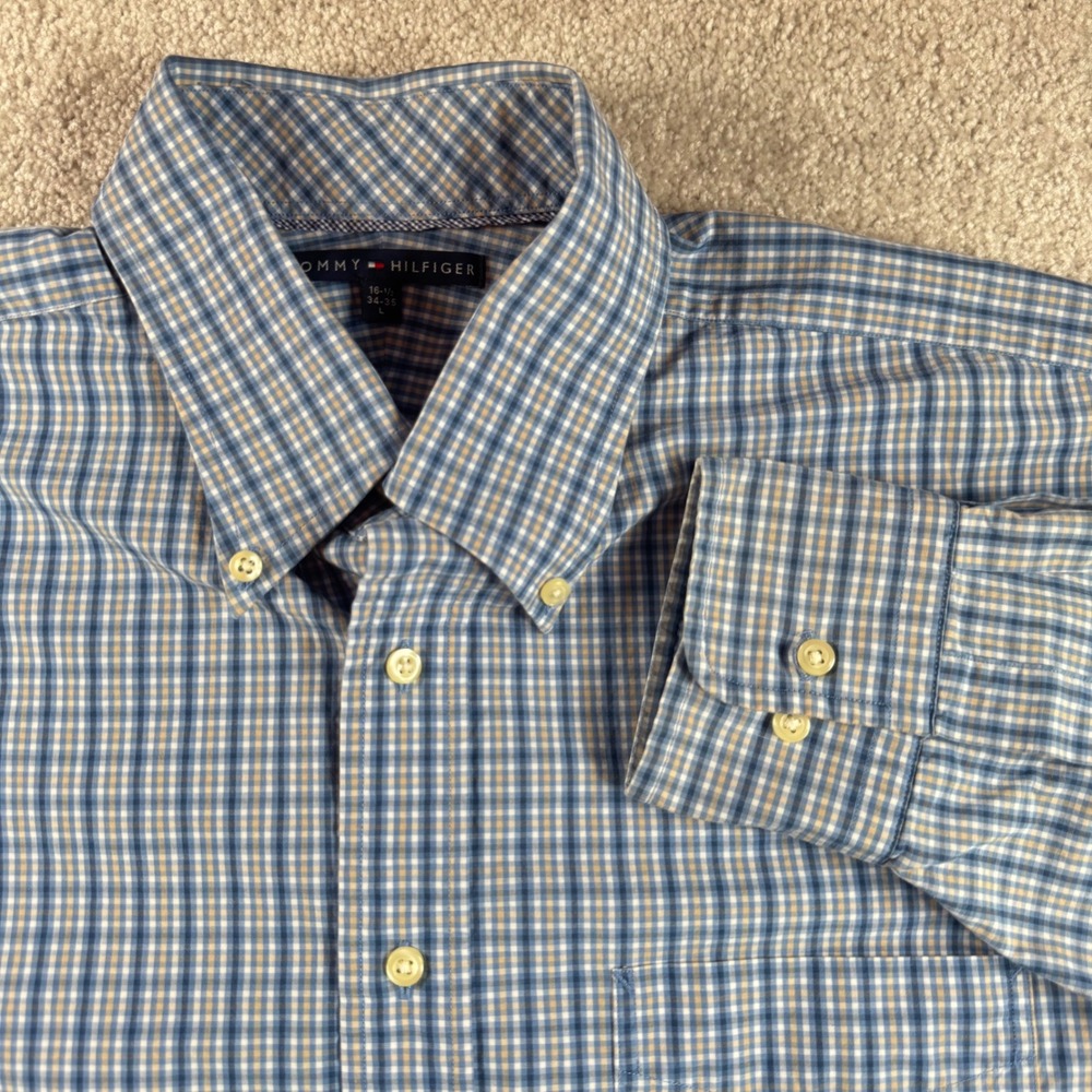 Tommy Hilfiger Mens Plaid Button Down Shirt Blue Yellow Cotton Large 16.5 34-35